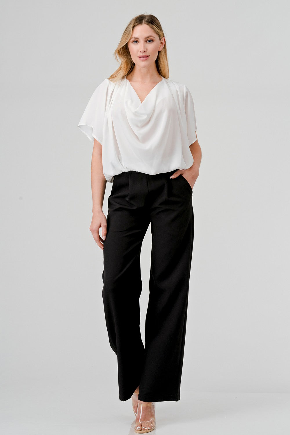 Front Drupe Short Sleeve Woven Blouse Top
