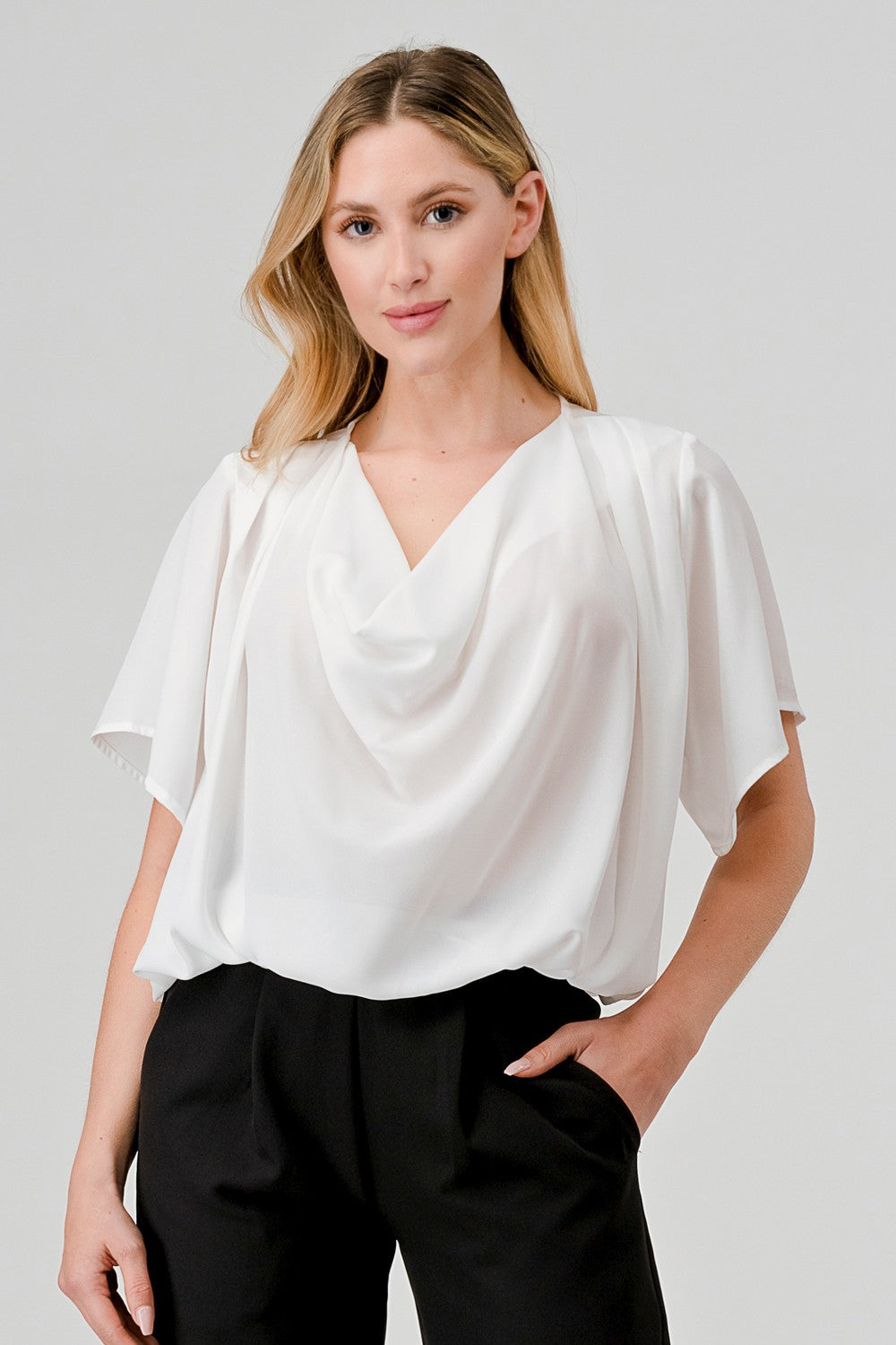 Front Drupe Short Sleeve Woven Blouse Top
