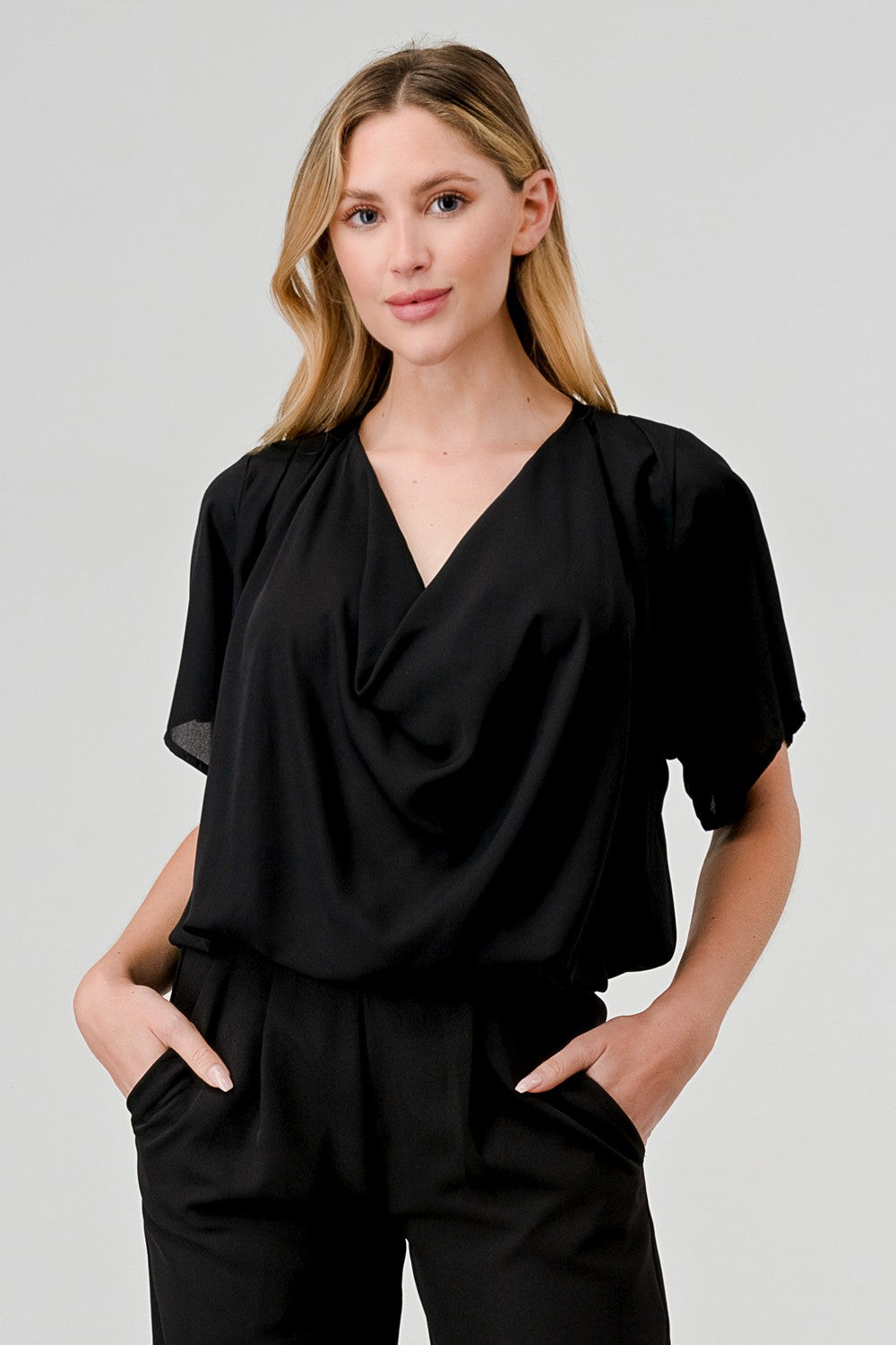 Front Drupe Short Sleeve Woven Blouse Top
