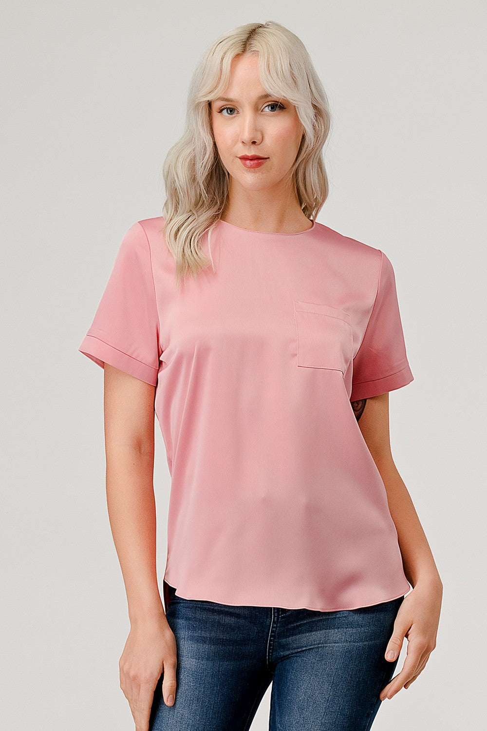 Zipper Back Satin Blouse with Pocket Top