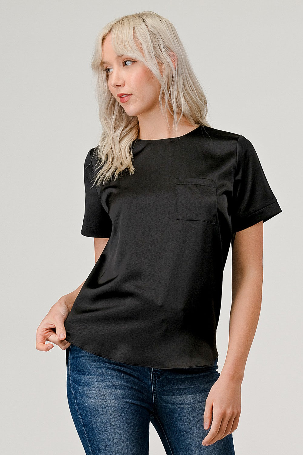 Zipper Back Satin Blouse with Pocket Top