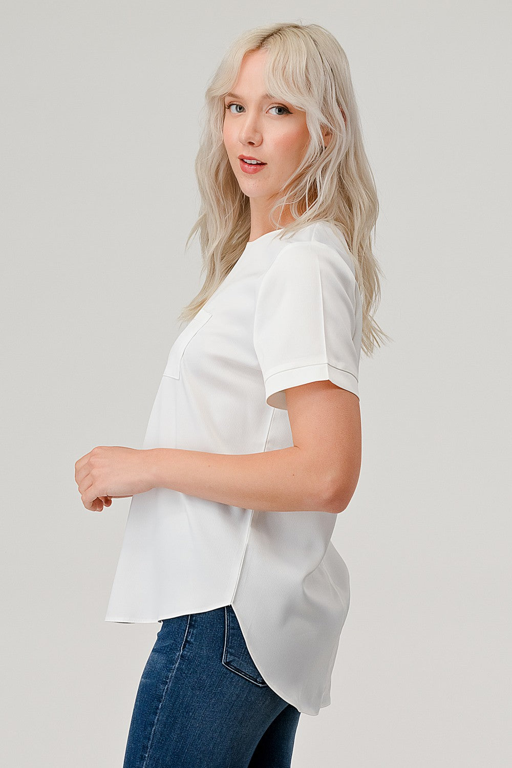 Zipper Back Satin Blouse with Pocket Top