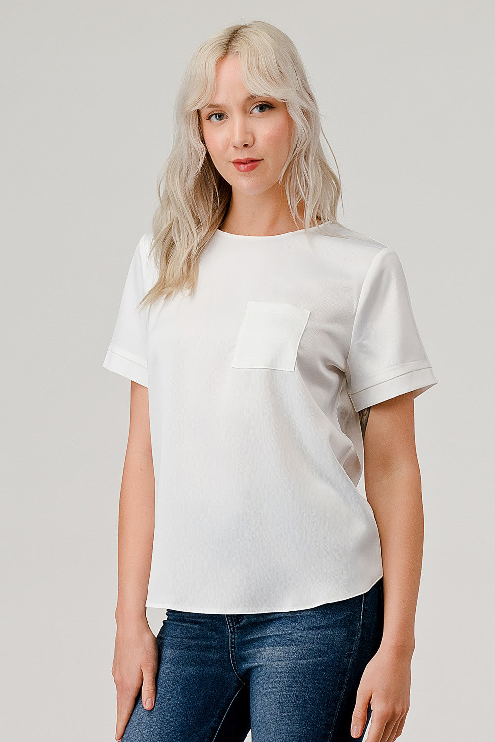 Zipper Back Satin Blouse with Pocket Top