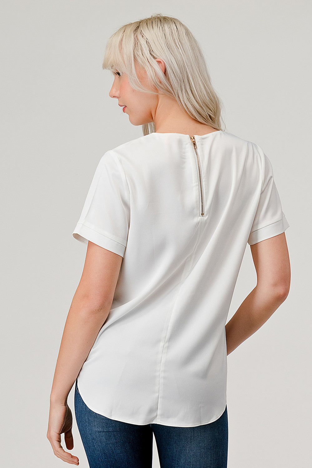 Zipper Back Satin Blouse with Pocket Top