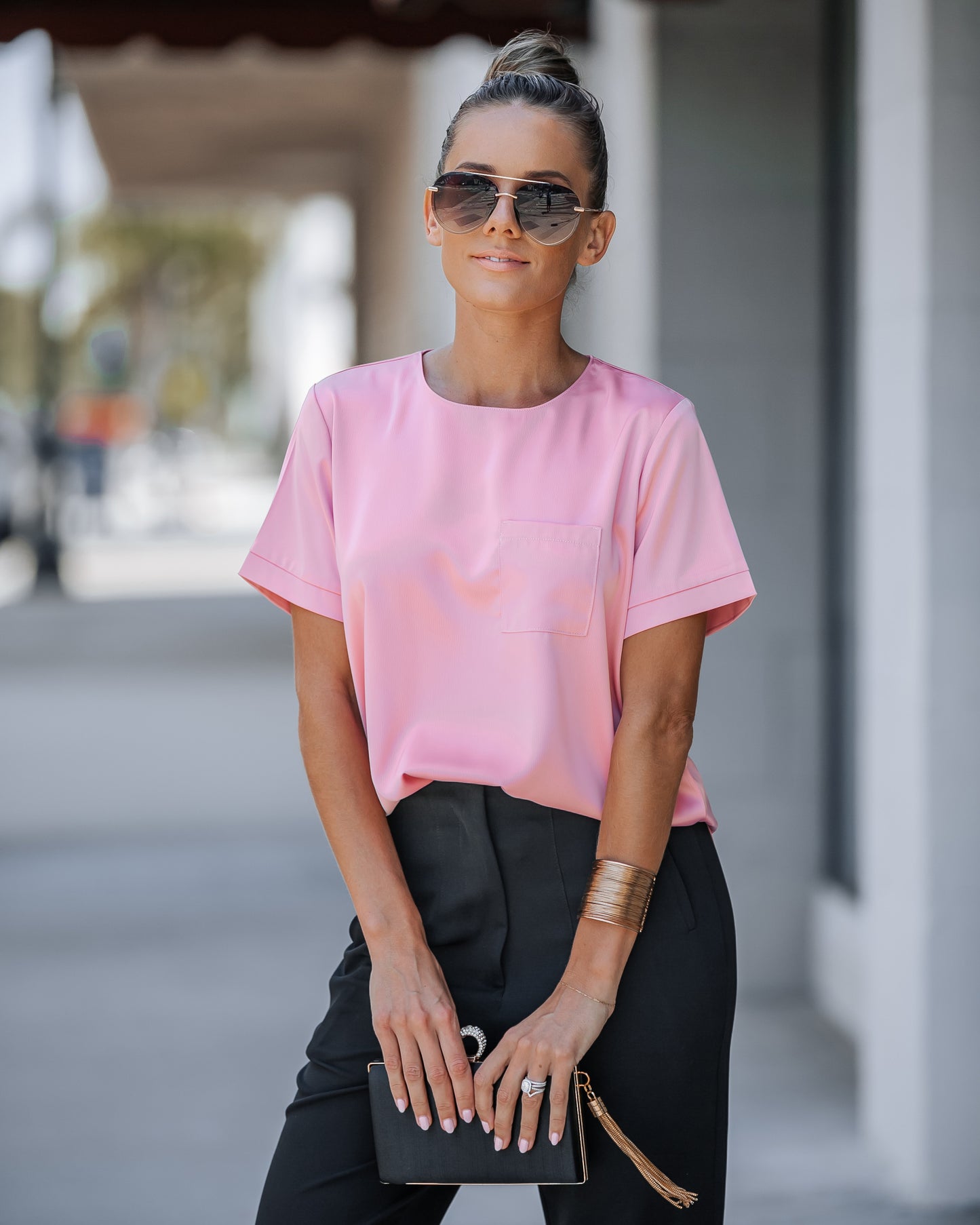Zipper Back Satin Blouse with Pocket Top