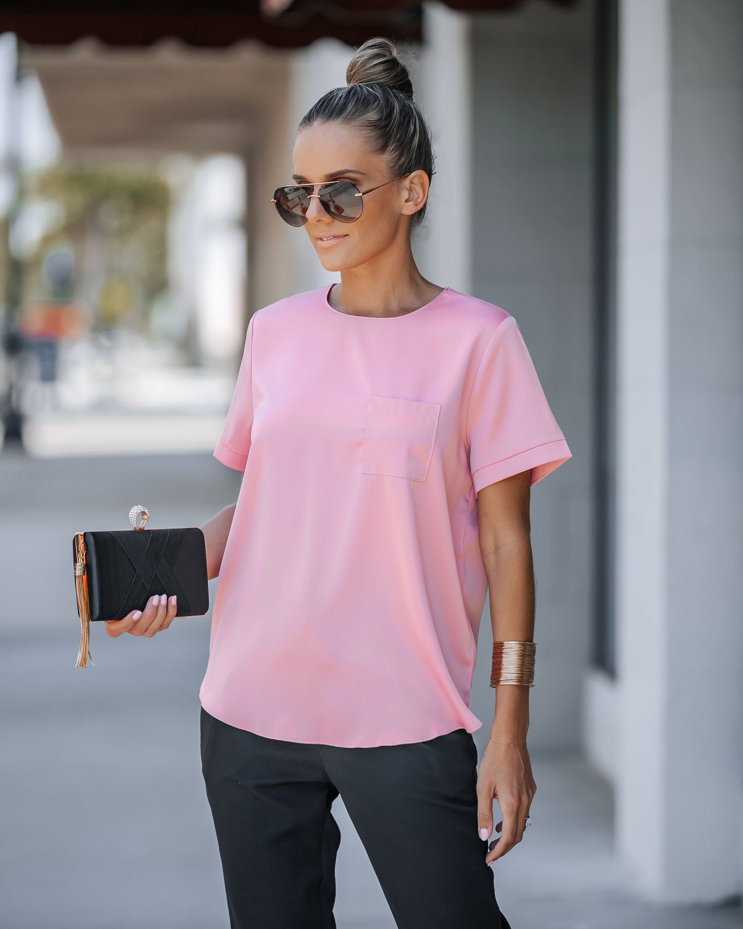 Zipper Back Satin Blouse with Pocket Top