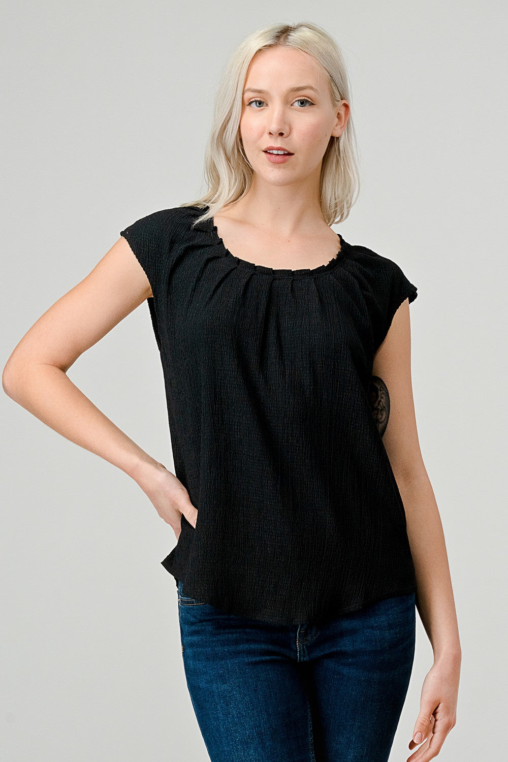 Textured Knit Pleat Detail Tied Back Top