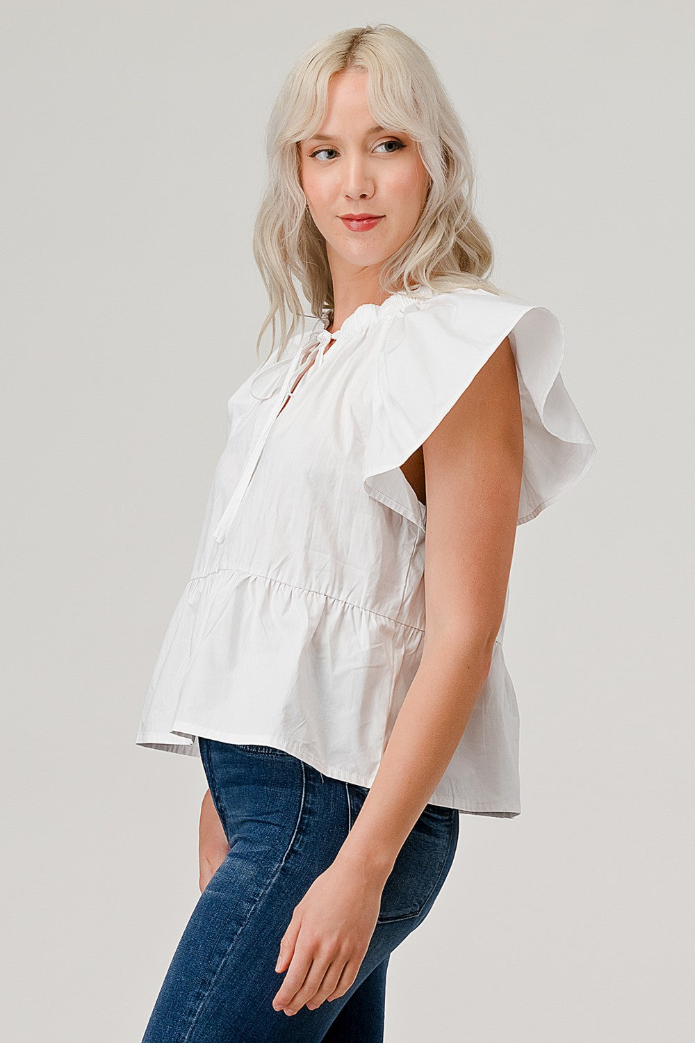 Flare Sleeve Elastic Poplin Woven Top