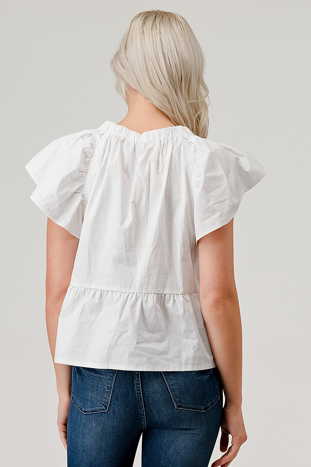 Flare Sleeve Elastic Poplin Woven Top