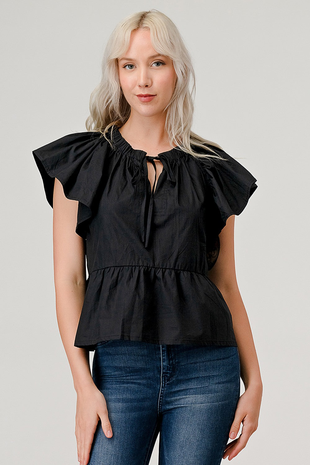 Flare Sleeve Elastic Poplin Woven Top