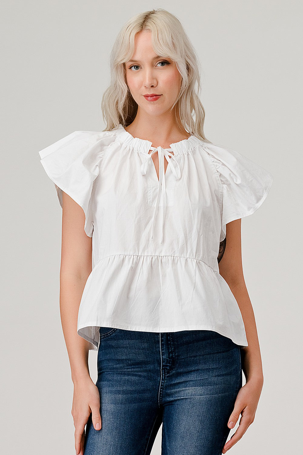 Flare Sleeve Elastic Poplin Woven Top