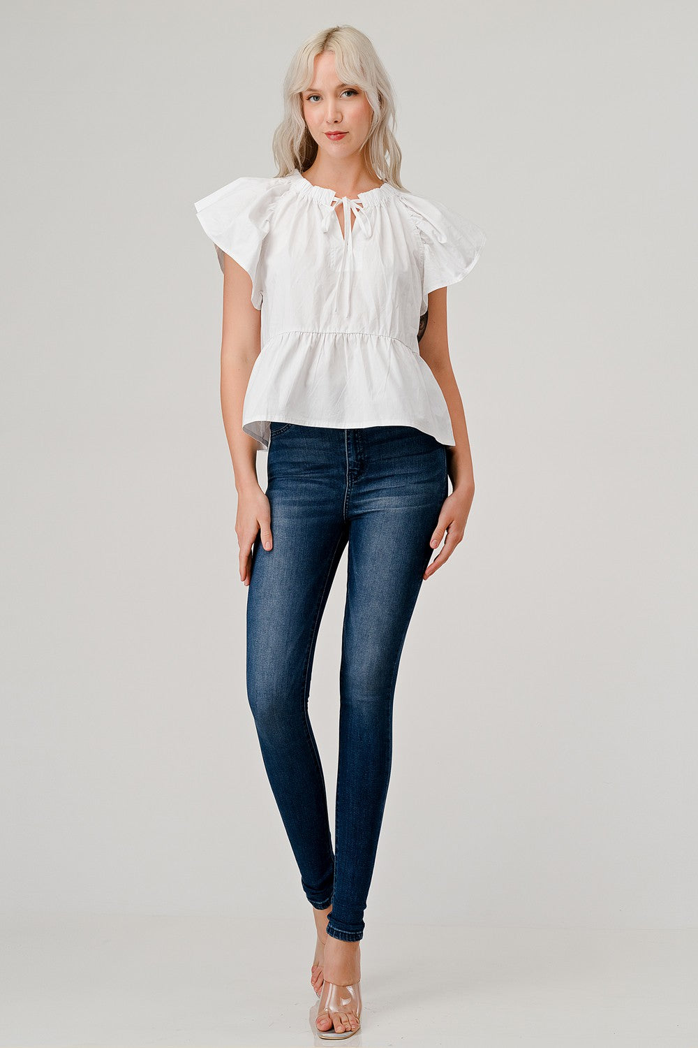 Flare Sleeve Elastic Poplin Woven Top